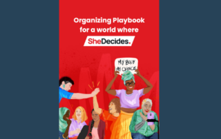 illustrations of a group of women. One holds a sign above her head that says My body My choice. Two other women are giving each other a high five