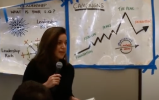 woman holding microphone speaking. There are posters with graphs on the wall behind her.