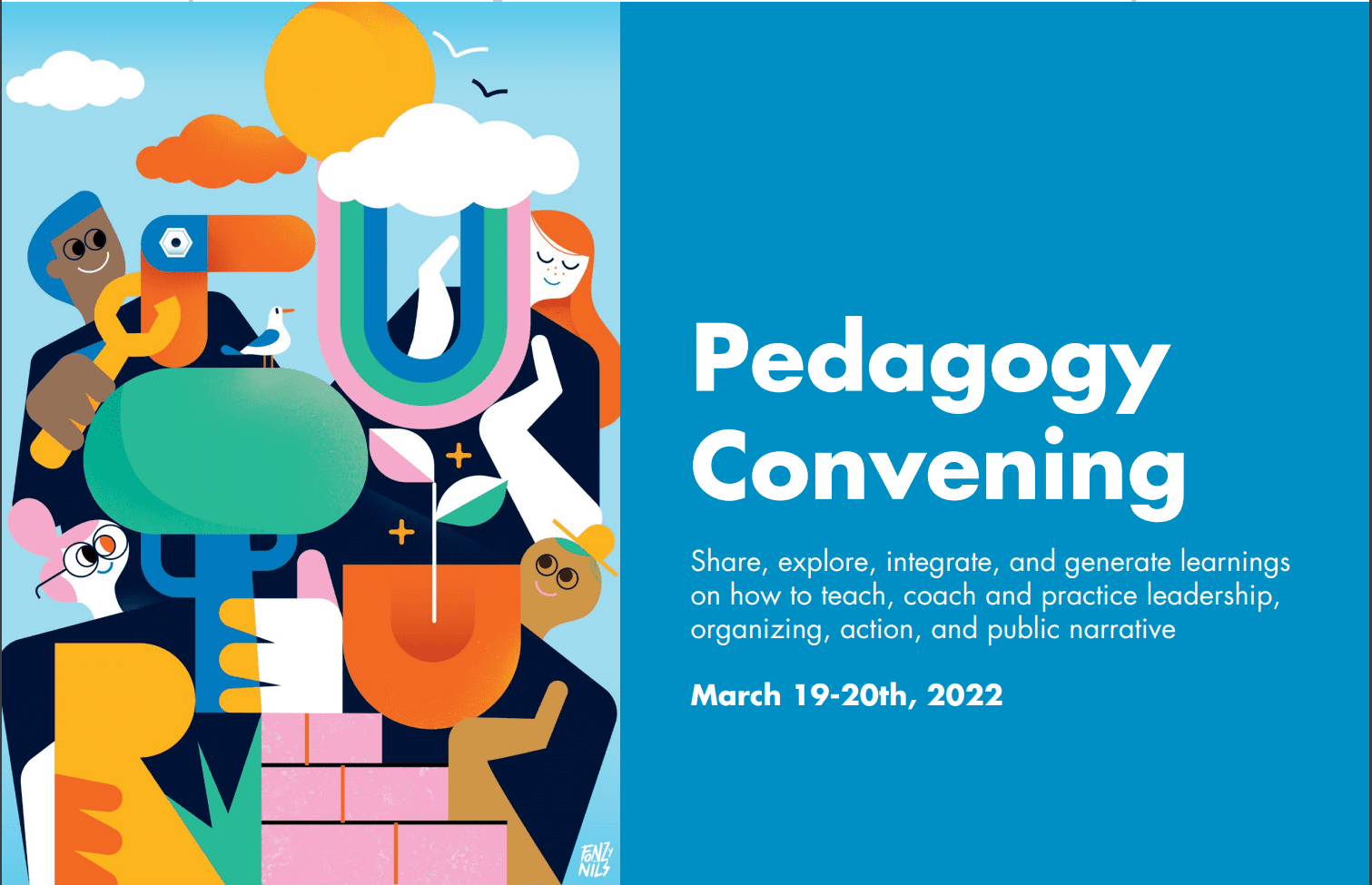 a blue picture with white writing describing Pedagogy Convening